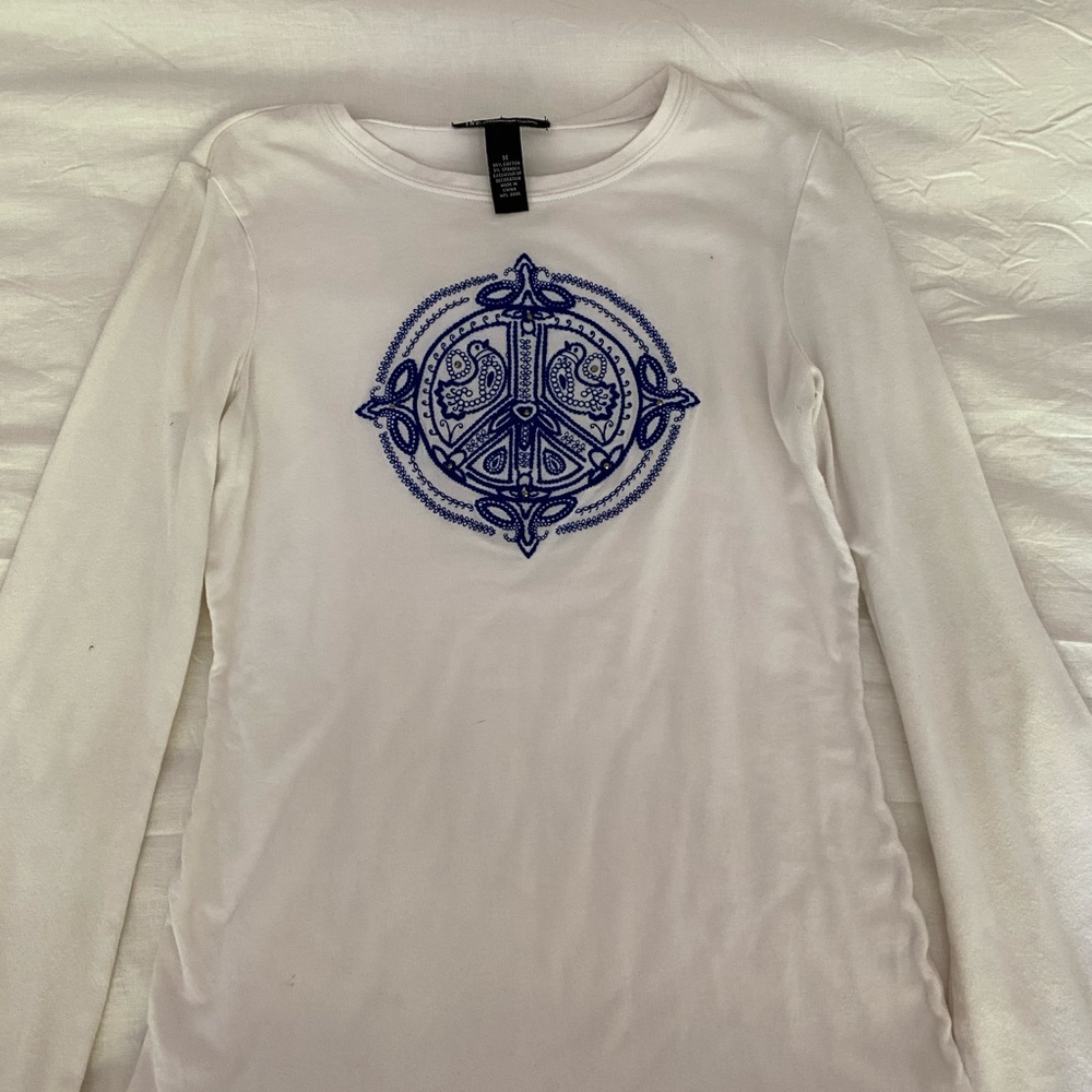 INC White Peace Sign Long Sleeve Shirt